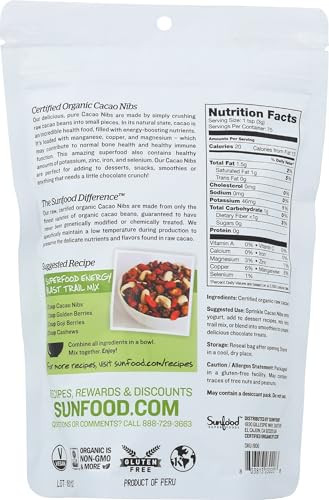Sunfood Organic Cacao Nibs - Cacao Nibs Organic, Dark Chocolate Nibs, Raw Cacao Nibs, Sugar Free Cocoa Bean Chips,