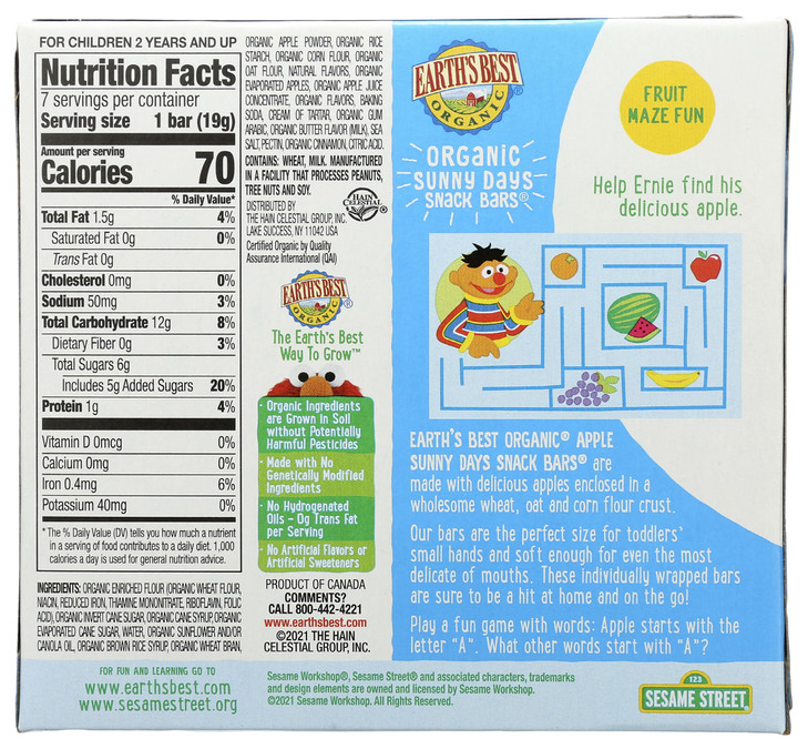 Earths Best Organic Sunny Days Snack Bars for Toddlers 2 Years Old and Up, Apple Flavored with Other Natural Flavors, 7