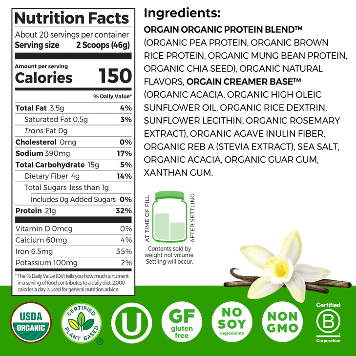 Orgain Organic Vegan 21g Protein Powder, Vanilla Bean, 2.03 lb