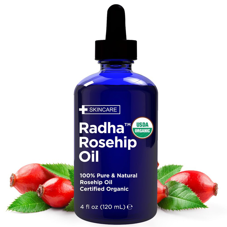 Radha Beauty 4 oz Organic Rosehip Seed Oil 100 Pure Cold Pressed - Great Carrier Oil for Moisturizing Face, Hair, Skin,