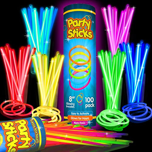 PartySticks Glow Sticks Party Supplies 100pk - 8 Inch Glow in the Dark Light Up Sticks Party Favors, Glow Party