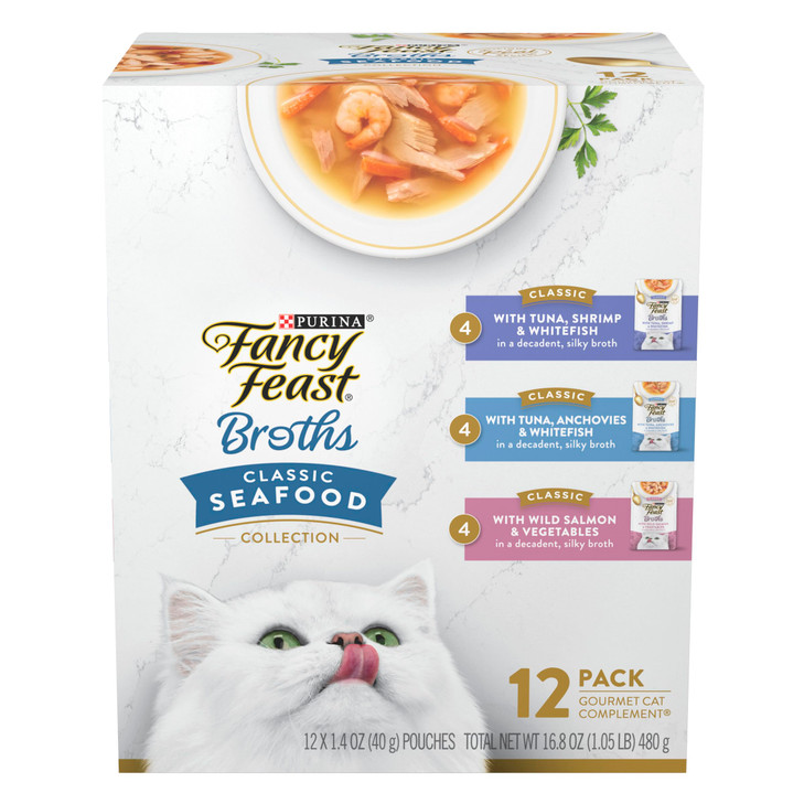 Purina Fancy Feast Broths, Classic Seafood Wet Cat Food, 1.4 oz, 12-Pack