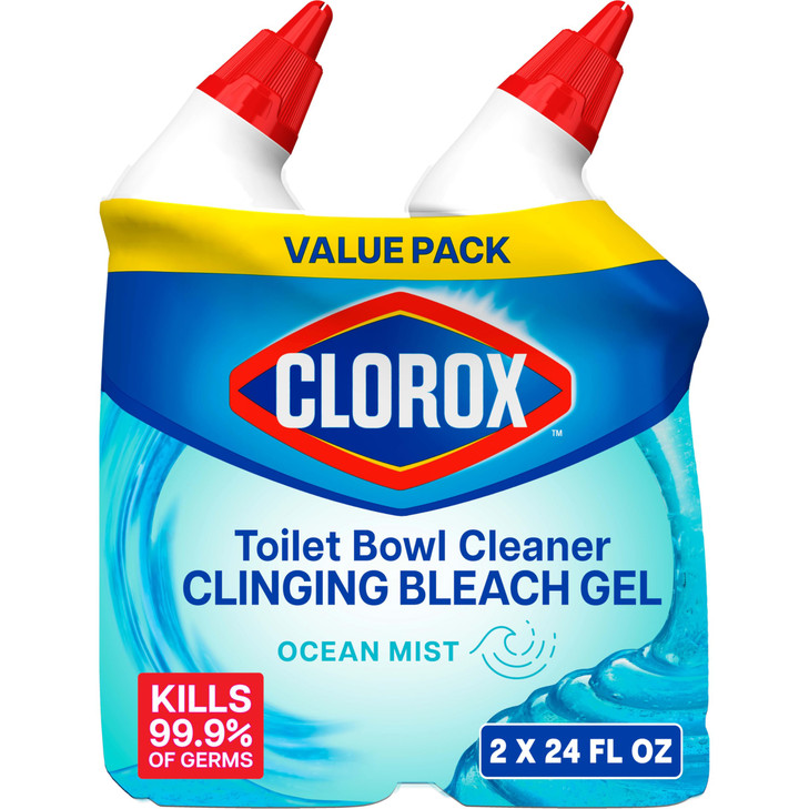 Clorox Toilet Bowl Cleaner Clinging Bleach Gel, Kills 99.9 of Bacteria and Viruses, Ocean Mist, 24 Fl Oz, Pack of 2