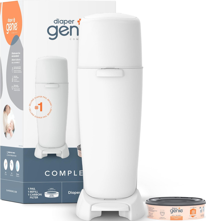 Diaper Genie Complete Diaper Pail White Includes 1 Refill Holds 270 Newborn Diapers & 1 Carbon Filter