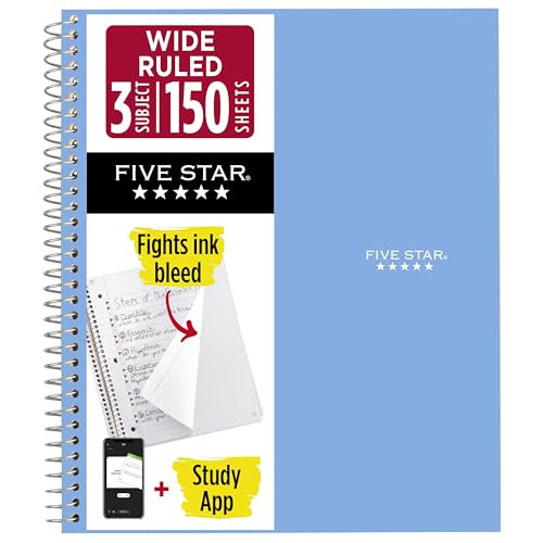 Five Star Spiral Notebook + Study App, 3 Subject, Wide Ruled Paper, 8 x 10-1/2, 150 Sheets, Fights Ink Bleed, Water