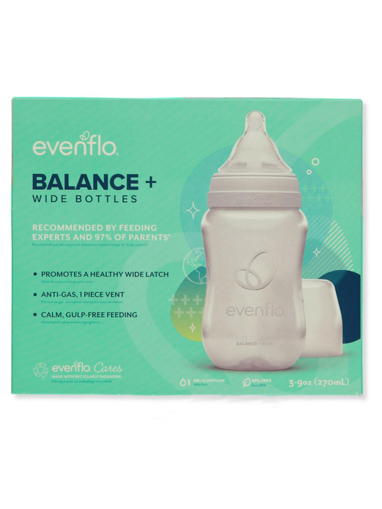 Evenflo Feeding Balance+ Bottles, Wide, 0+ Months, Slow Flow, 3 Bottles, 9 oz 270 ml Each