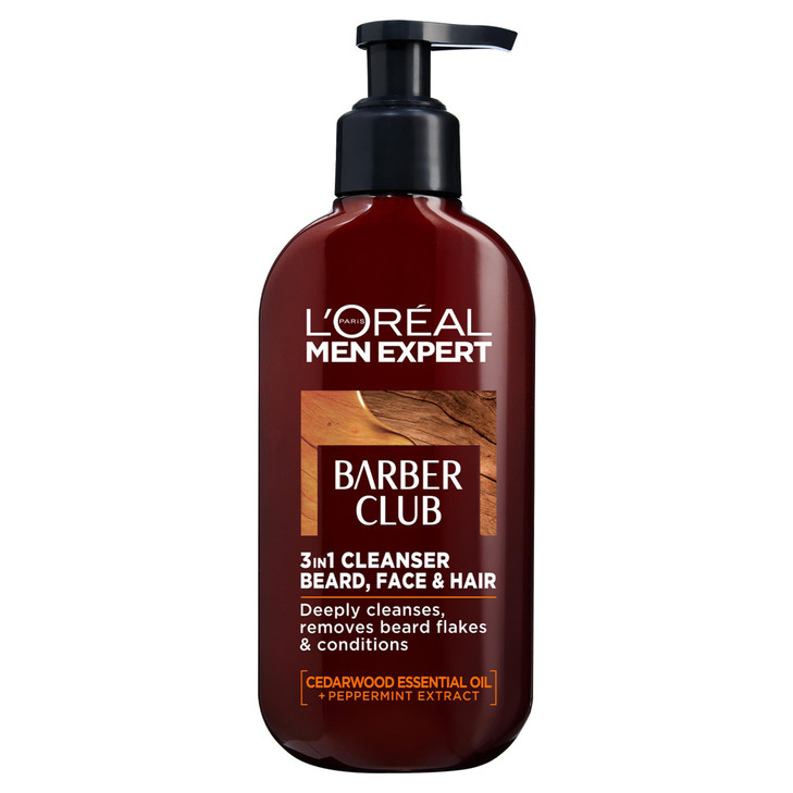 LOreal Paris Men Expert Cleansing 3-in-1 Beard, Face & Hair Wash 200ml, Barber Club Wash With Cedarwood Essential Oil,