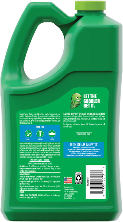 Green Gobbler Enzyme Drain Cleaner Controls Foul Odors & Breaks Down Grease, Paper, Fat & Oil in Sewer Lines, Septic