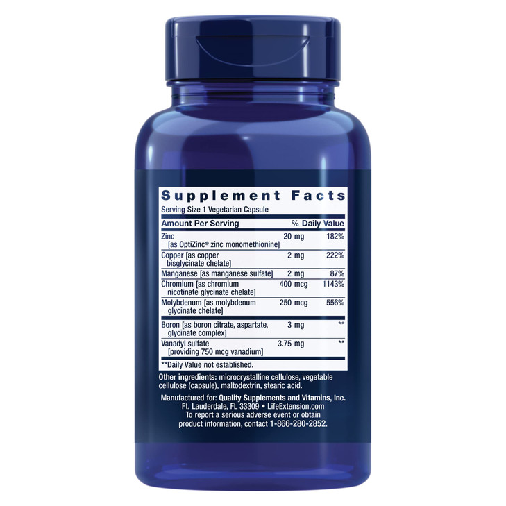 Life Extension Only Trace Minerals, a Daily dose of zinc, Chromium, Boron, Copper, Manganese, Vanadyl sulfate, Gluten-Free, Non-GMO, Vegetarian, 90 C