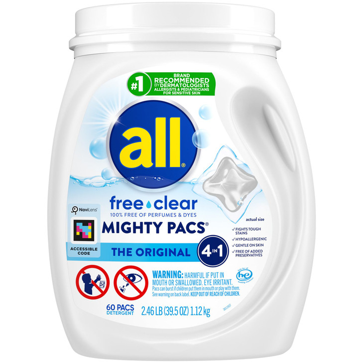 all Unit Dose Laundry Detergent, Mighty Pacs, Free Clear, 60 Count
