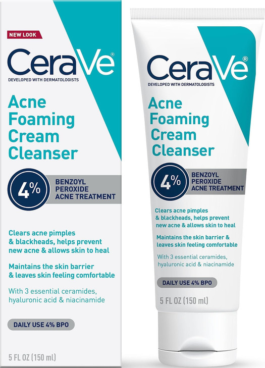 CeraVe Foaming Acne Cream Cleanser, Face Wash with 4 Benzoyl Peroxide, 5oz