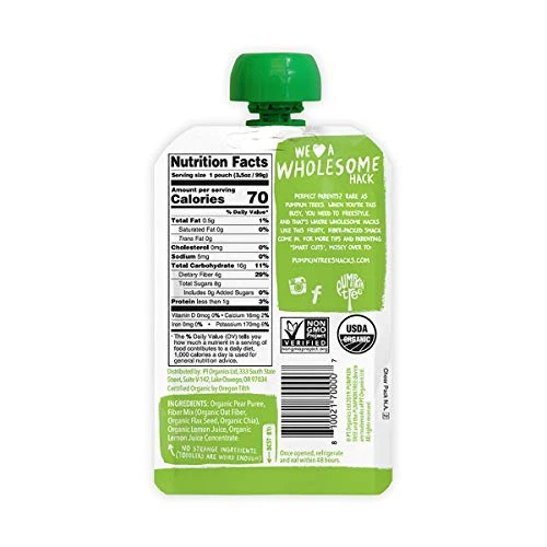 Pumpkin Tree Organics Fruit Snack Pouch, Pear + Fiber + A Squeeze of Lemon, 3.5 Ounce Pack of 10