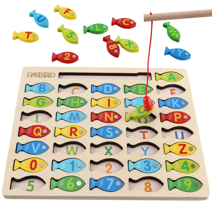 Magnetic Wooden Fishing Game Toy for Preschoolers, Alphabet Fish Catching Counting Games Puzzle with Numbers and