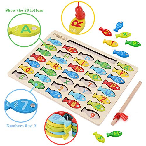 Magnetic Wooden Fishing Game Toy for Preschoolers, Alphabet Fish Catching Counting Games Puzzle with Numbers and