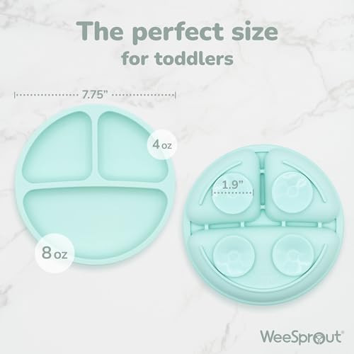 WeeSprout Suction Plates with Lids for Babies & Toddlers - 100 Silicone, Dinnerware Stays Put, Divided Design for Picky