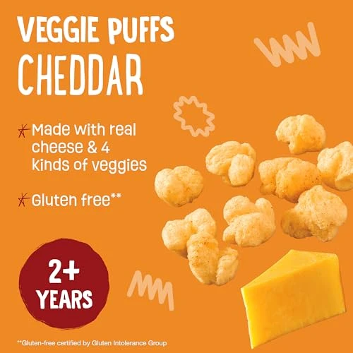 Earths Best Organic Veggie Puffs for Toddlers 2 Years Old and Up, Cheddar Flavor, 1.55 Ounce Bag Pack of 4