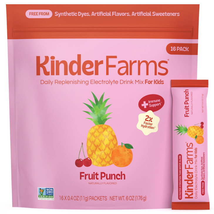 KinderFarms Kids Daily Hydration Electrolyte Powder, Fruit Punch, 16 Ct