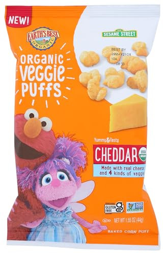 Earths Best Organic Veggie Puffs for Toddlers 2 Years Old and Up, Cheddar Flavor, 1.55 Ounce Bag
