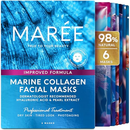 MAREE Collagen Facial Mask with Hyaluronic Acid Sheet Face Mask Skincare Centella Asiatica, Green & Red Algae Extract