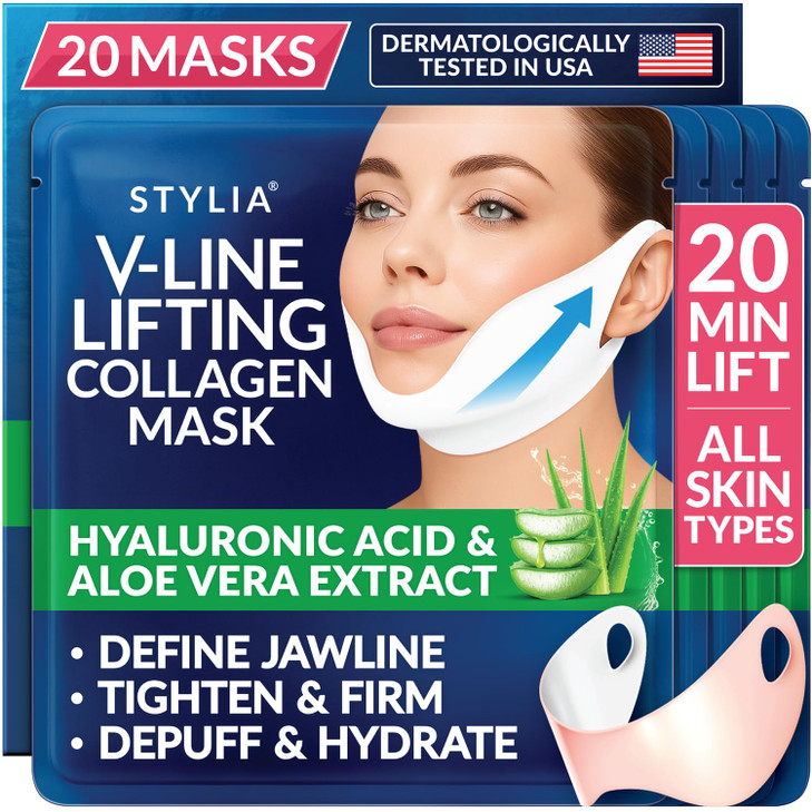 STYLIA V Line Lifting Collagen Face Mask - Lift, Firm & Contour Jawline - Double Chin Strap with Hyaluronic Acid & Aloe