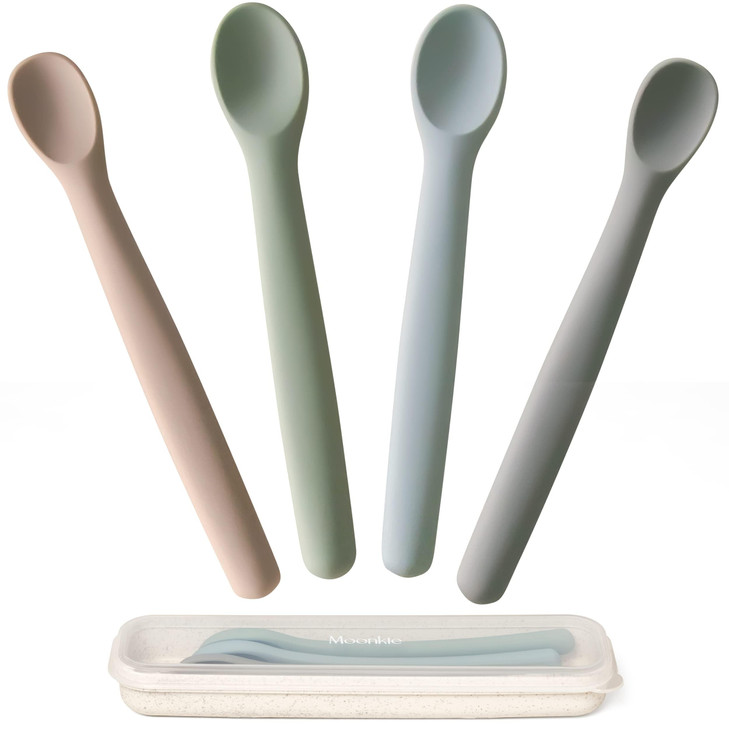 Moonkie Silicone Baby Spoons Set of 4, Toddler Spoons for Self Feeding 6 Months, Two Sizes Feeding Spoons for First