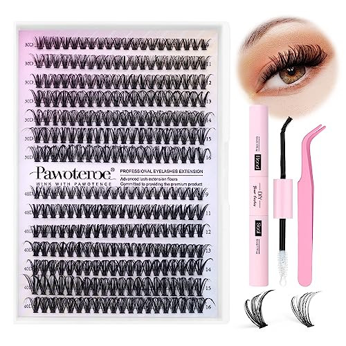 Pawotence Lash Extension Kit DIY 280pcs Lash Clusters Eyelash Extension Kit, 9-16mm 30D 40D Individual Lashes Kit with