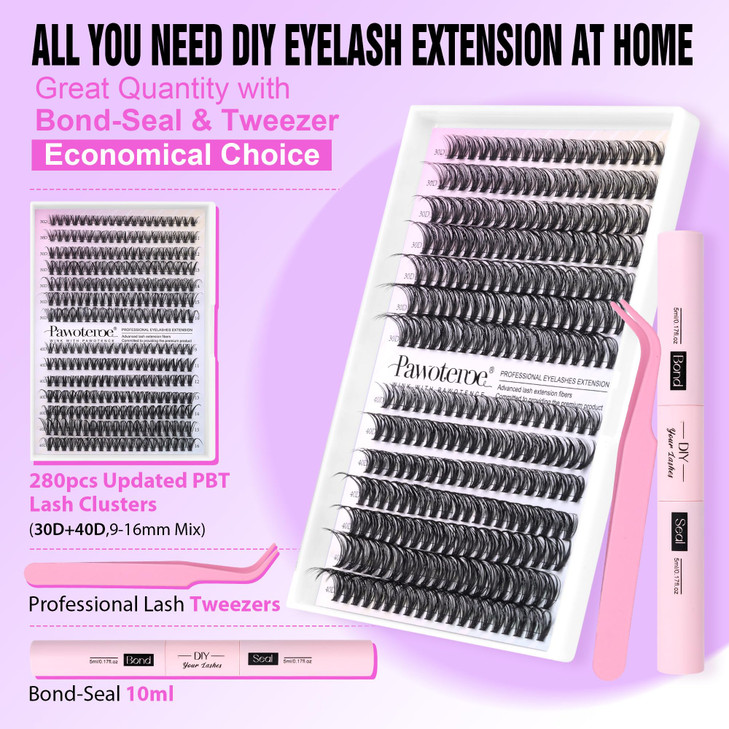 Pawotence Lash Extension Kit DIY 280pcs Lash Clusters Eyelash Extension Kit, 9-16mm 30D 40D Individual Lashes Kit with
