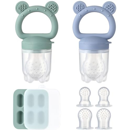 2 Pack Silicone Baby Fruit Feeder with Mini Freezer Tray, Breastmilk Popsicle Molds for Baby Teething Relief, Fresh