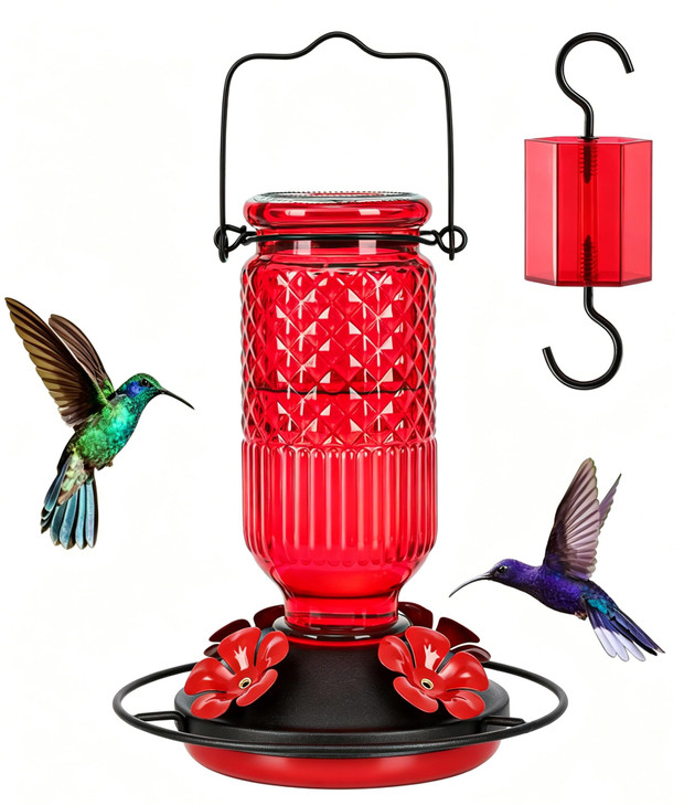 FEED GARDEN Glass Hummingbird Feeder for Outdoors Hanging, 16 oz Leak-Proof Nectar Feeder with Bee Guards & Ant Moat, 4