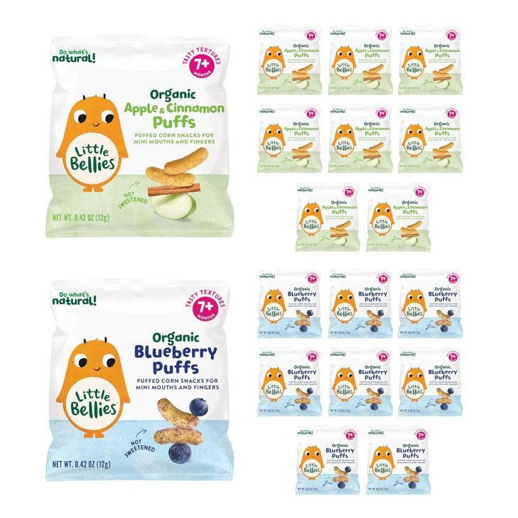 Little Bellies Organic Puffs Variety Pack, Blueberry & Apple and Cinnamon Pack of 18