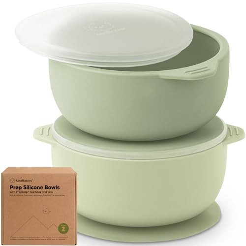 KeaBabies 2-Pack Baby Bowls with Suctions, Lids, BPA-Free Silicone Sage