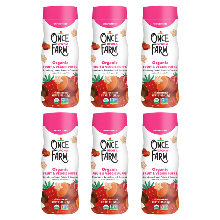 Once Upon A Farm Strawberry, Coconut & Sweet Potato Puffed Sorghum Snack, Fruit & Veggie Puffs, Non GMO, 1.5 Ounces