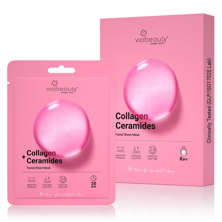 VIABEAUTY 8 Pack of Collagen Face Mask with Ceramides - Rejuvenating Facial Sheet Mask, Reduce Wrinkles & Fine Lines -