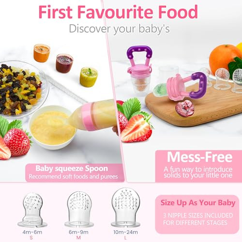 WAJIAYON Baby Fruit Feeder Pacifier - 6 Pack 2 Infant Food Feeder Pacifier & 2 Baby Food Dispensing Spoon Fresh Fruit