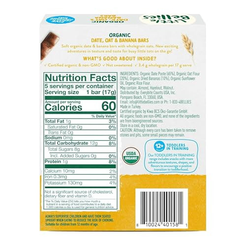 Little Bellies Organic Date, Oat & Banana Bars for Toddlers 12+ Months, 3 oz 5 Bars - Pack of 6