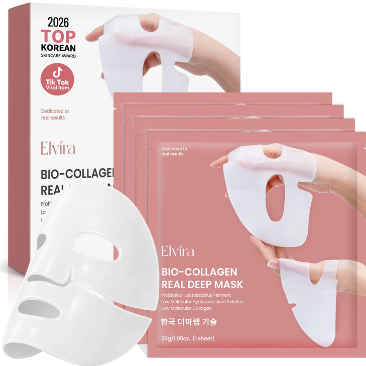 Elvira Bio-Collagen Real Deep Mask, Overnight Hydrating Face Mask, 4 Pack