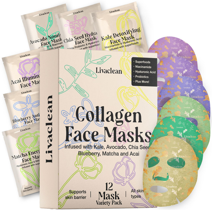 LivaClean 12 CT Face Masks Skincare - Collagen Sheet Mask - Hydrating Face Masks Bulk with Glycerin, Hyaluronic Acid,