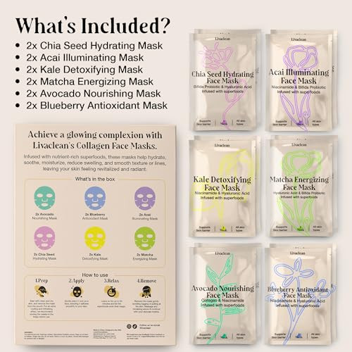 LivaClean 12 CT Face Masks Skincare - Collagen Sheet Mask - Hydrating Face Masks Bulk with Glycerin, Hyaluronic Acid,