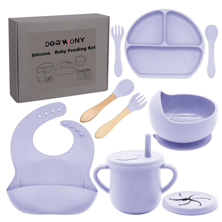 Dormlony 100 Silicone Baby Feeding Set,BPA Free Baby Dishes Set with Suction Bowl Divided Plate,Toddler Self Feeding