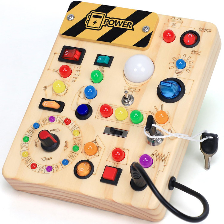 Busy Board with LED Light Switches, Montessori Toys for 1 2 3 Years Old, Toddlers Wooden Toy Sensory Activity Board,