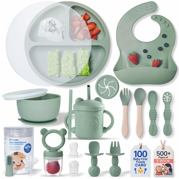 Remonda 23-Piece BPA-Free Silicone Baby Feeding Set Extra Large Suction Plates, Toddler Bowls, Self Feeding Spoons, and