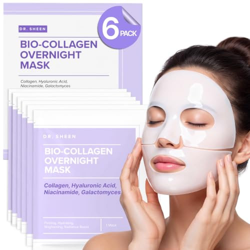 Bio Collagen Face Mask Overnight, 6 Pack Hydrogel Korean Face Masks, Hydrating Collagen Mask for All Skin Types,