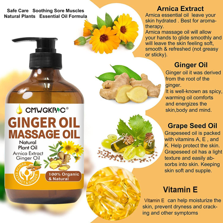 Ginger Oil,Ginger Massage Oil for Lymphatic Drainage,Natural Body Oil for Skin,Arnica Oil,Sore Muslce Massage Oil,Spa Ginger Oil-Warming and Relaxing