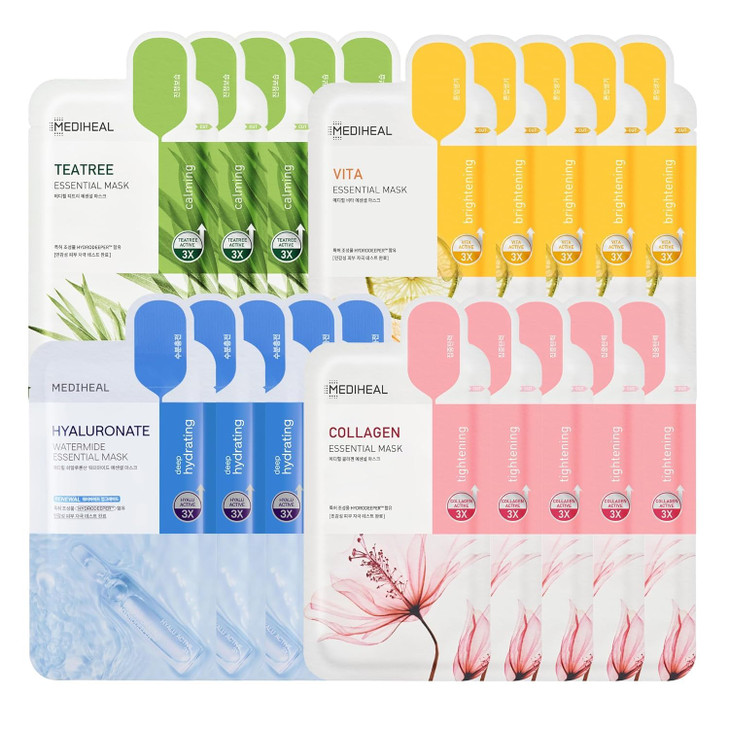 MEDIHEAL Sheet Mask Essential HERO 20 Pack Collagen, Tea Tree, Vita, Hyaluronate Korean Skincare Facial Sheet Mask