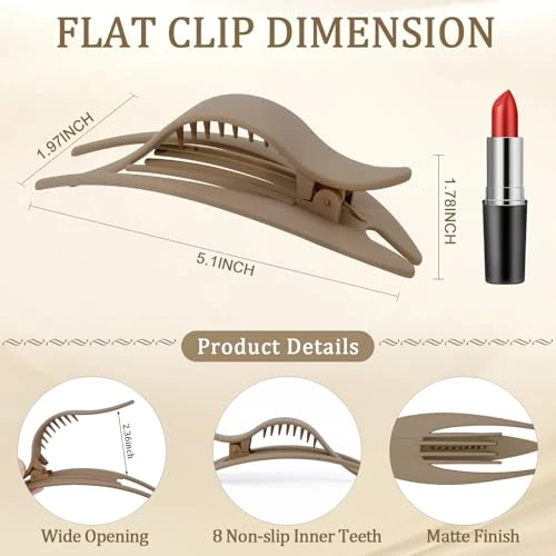 TOCESS Matte Flat Claw Clips: 4-Pack French Hair Claws for Women - 5.1Inch Curve Flat Hair Clip Perfect for Everyday