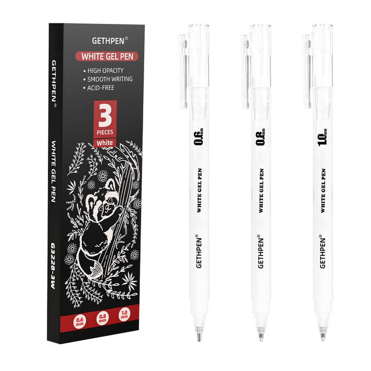GETHPEN White Gel Pens, 0.6/0.8/1.0mm Fine Point White Pens Set, 3 Pack