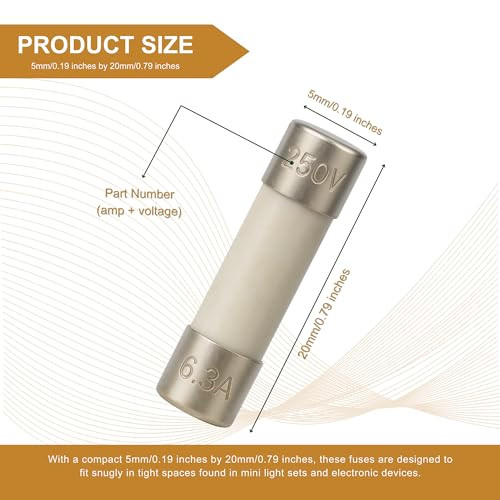 T6.3A Ceramic Fuse Replacement, 5x20mm, 6.3A 250V Slow-Blow, 5 Pack