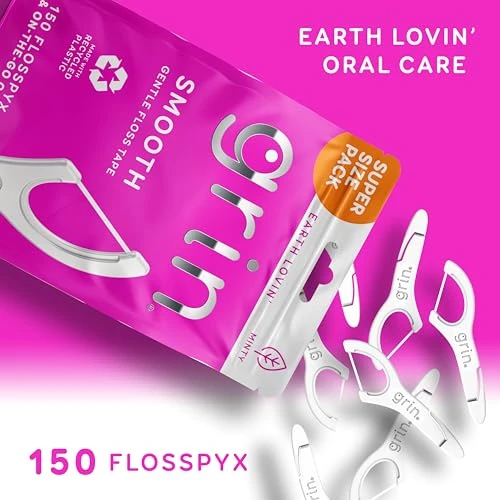 GRIN Smooth Flosspyx, Gentle Floss Picks, 150 Count, Dental Flossers, Minty Flavor, Recycled Plastic, Smooth Floss,