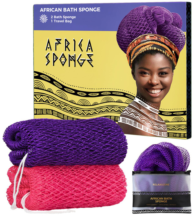 African Net Sponge Authentic - 2 Pieces Exfoliating Body Scrubber Bath Sponge - Loofah Washcloth Back Scrub for Shower