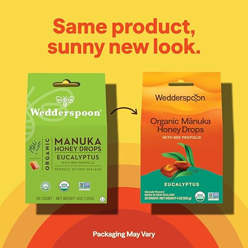 Wedderspoon Organic Manuka Honey Drops, Eucalyptus & Bee Propolis, 20 Count | USDA Organic | Genuine New Zealand